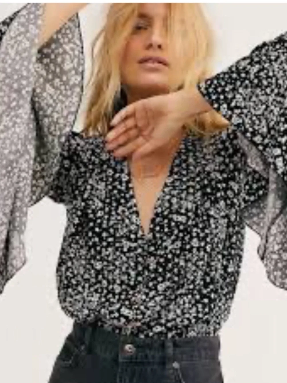 Free People Intimately Black White Ditzy Floral Ruffle Bell Sleeve Bodysuit Top